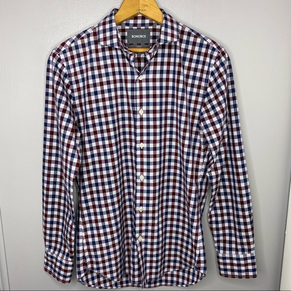 BONOBOS Maroon and Navy Plaid Button Down Shirt - Picture 1 of 4